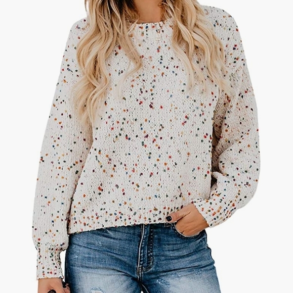 Aimcoo Winter White Long Sleeve Colored Confetti Dot Crewneck Sweater Size L - Picture 1 of 8